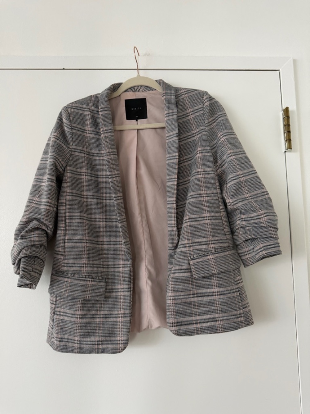 Checked Open-Front Blazer Jacket in Gray and Pink
